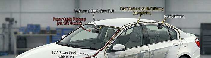 Dash cam installed with wiring routed along the trim to a 12V socket