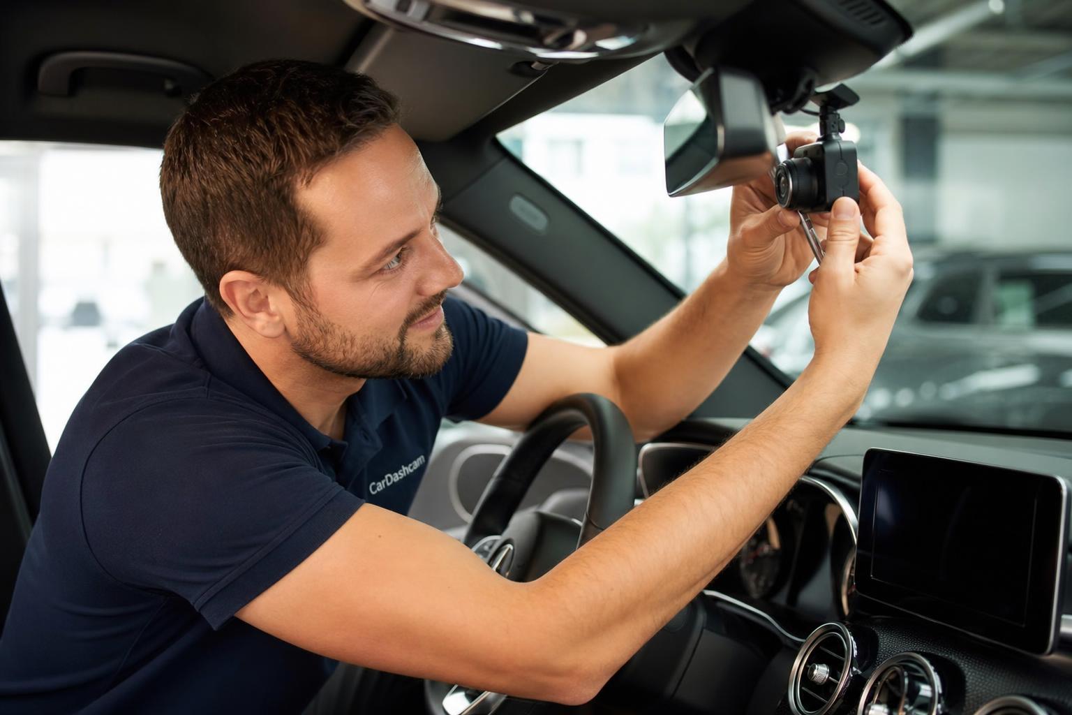 Professional technician installing dash cam