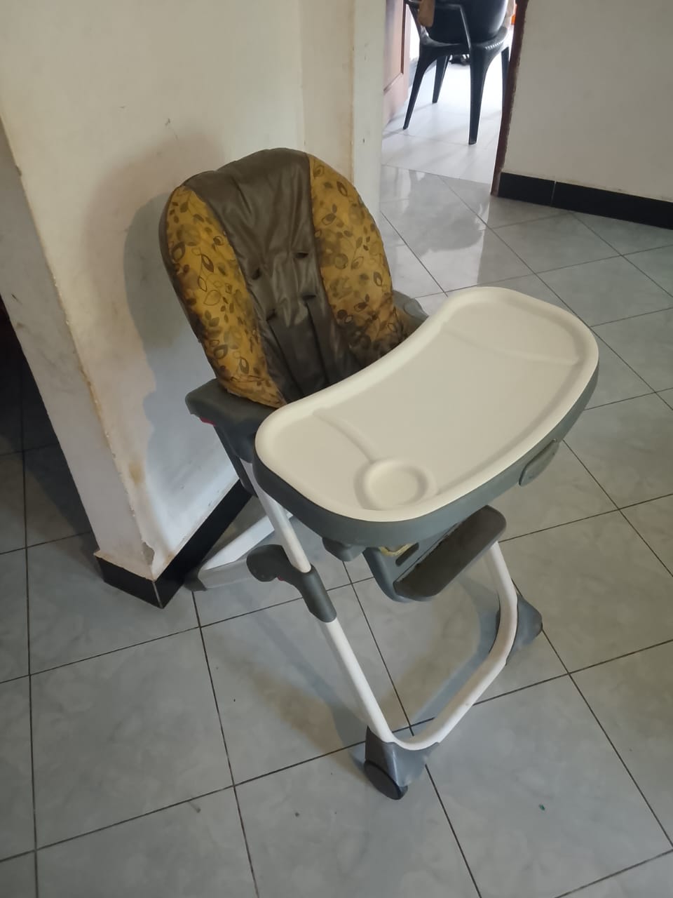 Used Baby High Chair with Feeding Tray and Padded Seat - Grey and White Frame