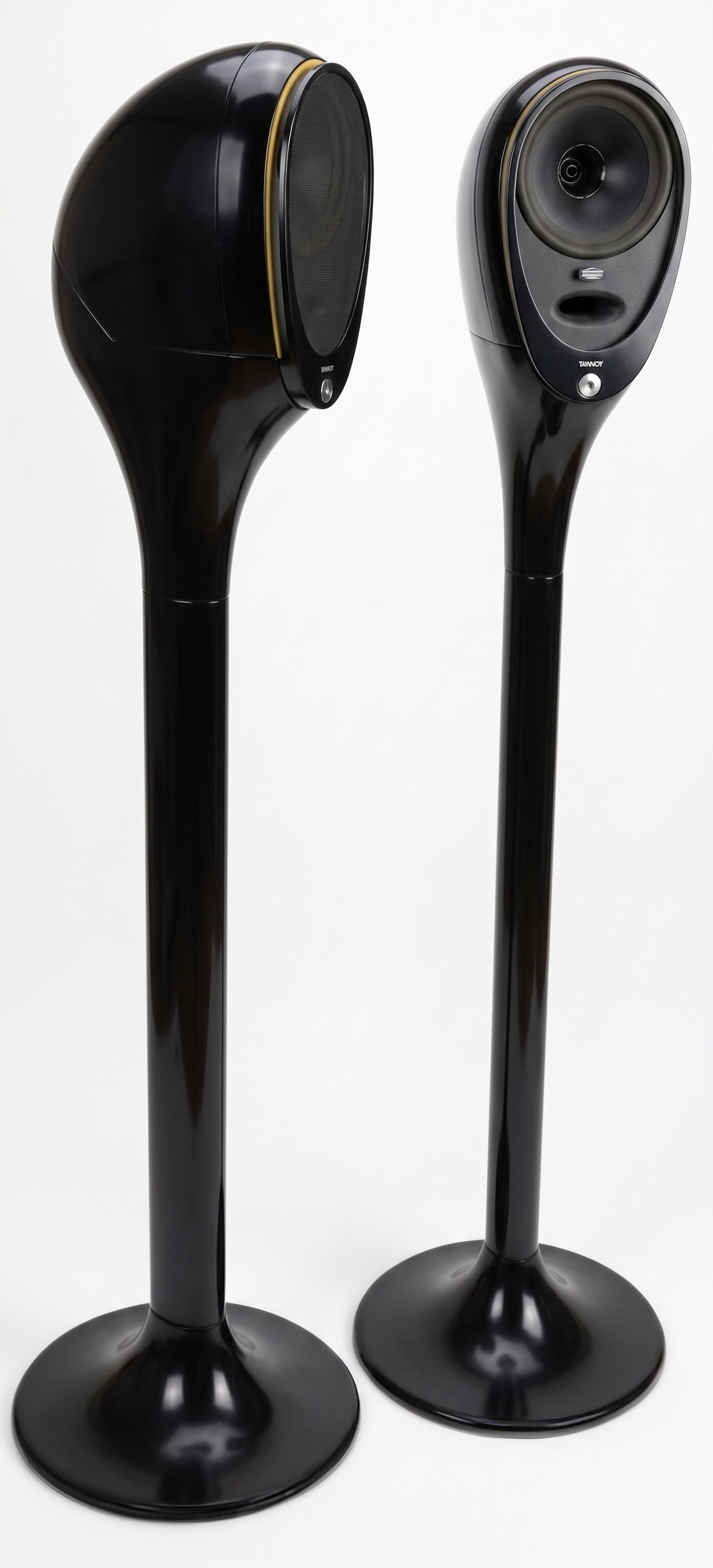 Tannoy Satellite Speakers on Stands, Gloss Black, Dual Driver with Gold Accent, Pair