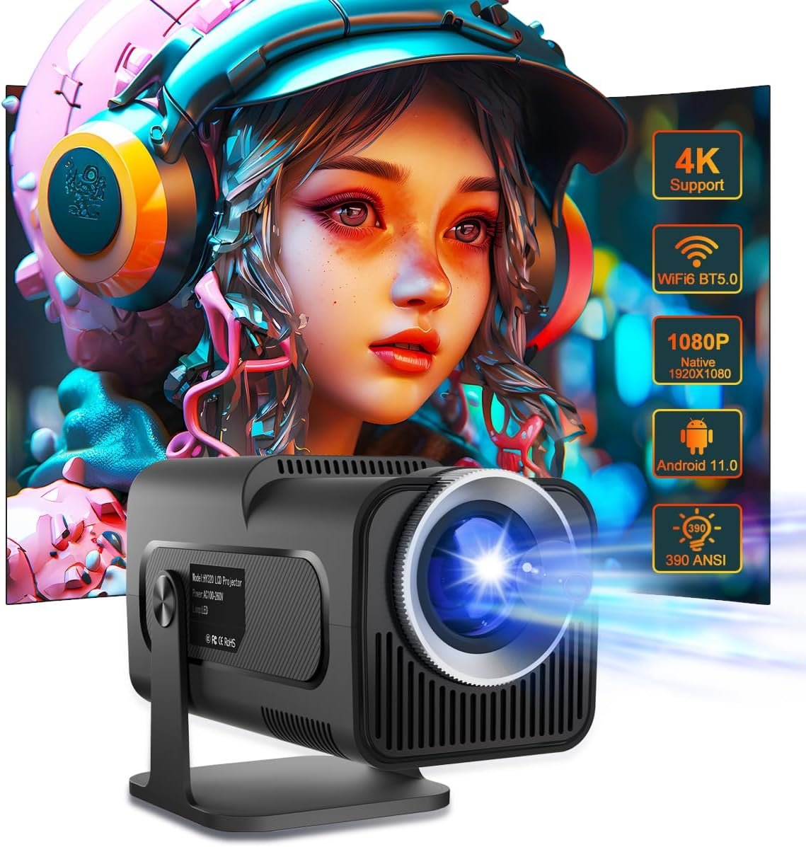 4K WiFi6 BT5.0 Smart Projector - 390 ANSI Lumens
