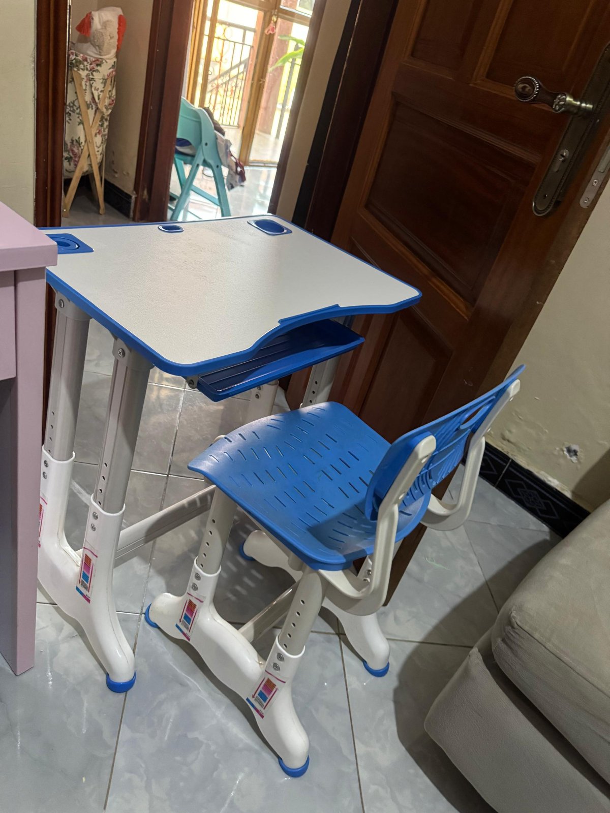Blue and White Kids Study Desk and Chair Set