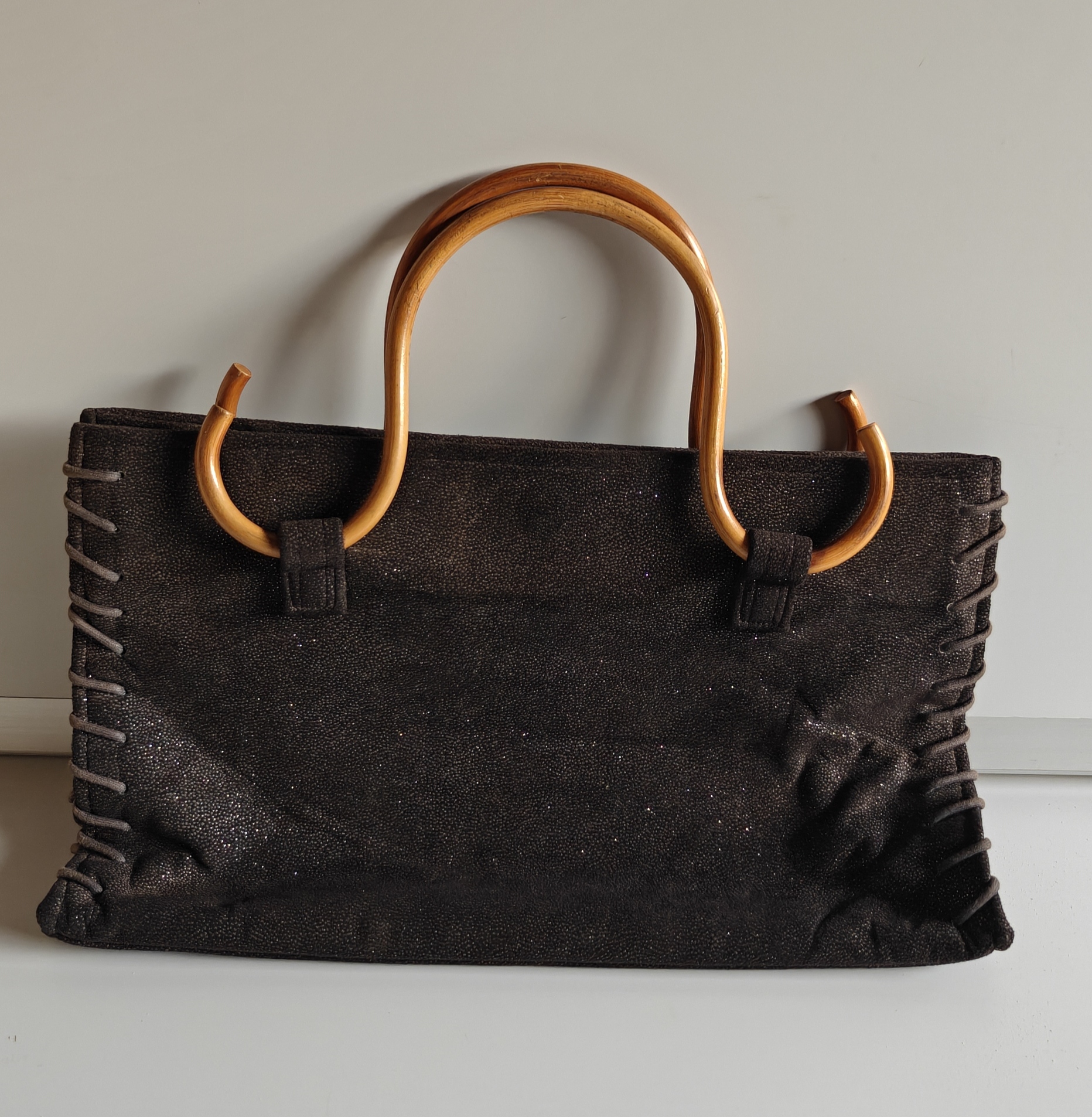 Black Textured Handbag with Wooden Handles