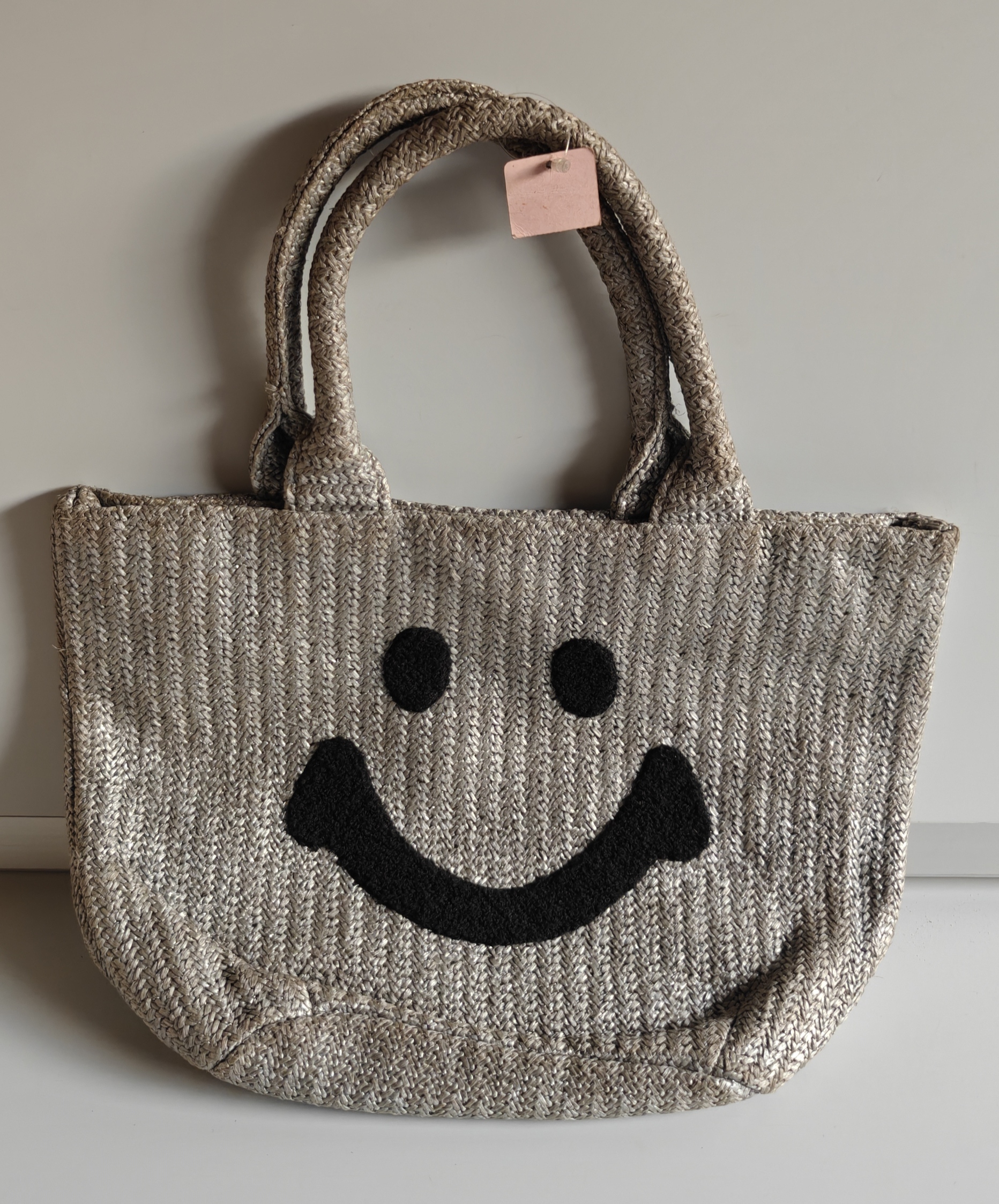 Smiley Face Woven Tote Bag - Beige with Black Details