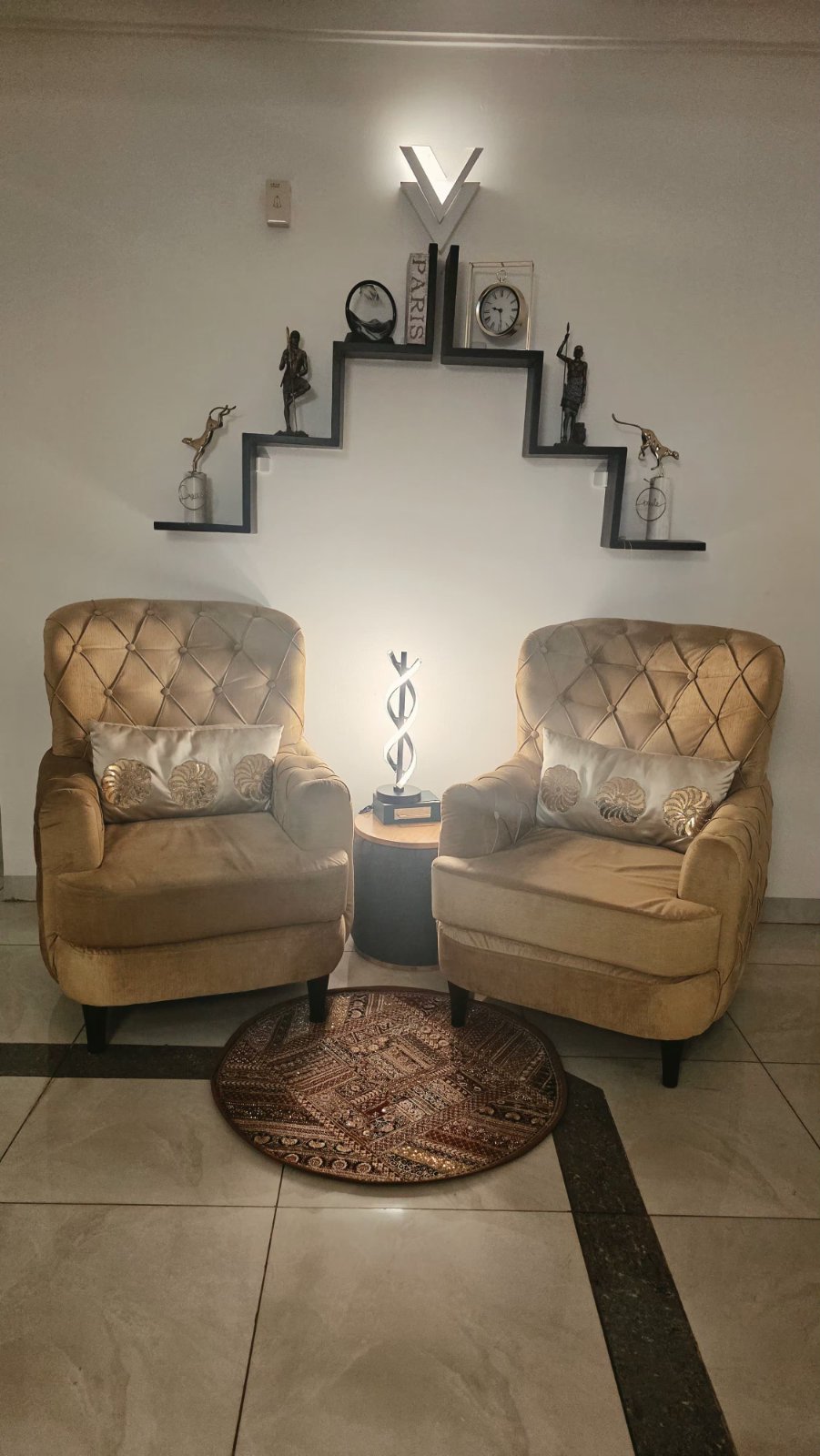 Modern Living Room Seating Set with Wall Shelves & Décor