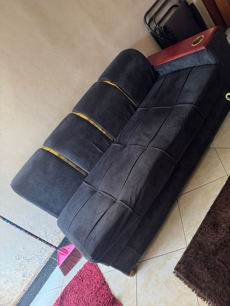 Black Fabric 4-Seater Sofa with Gold Trim Details