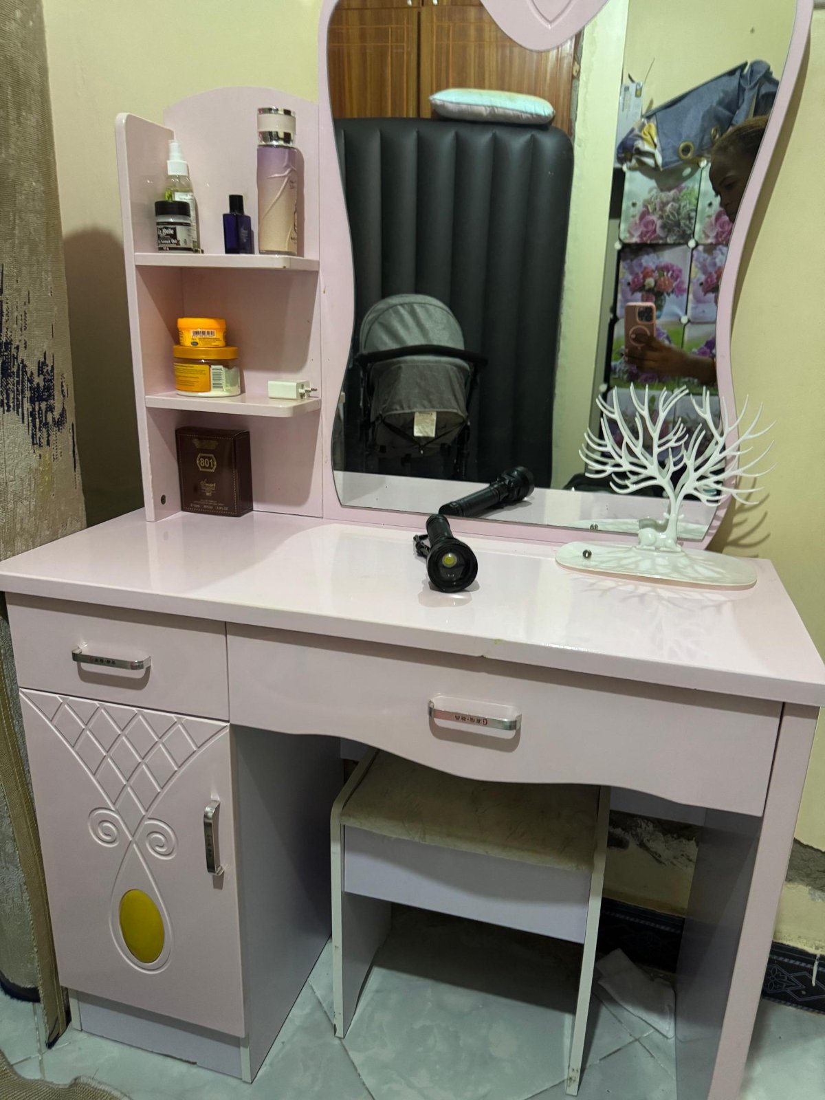 Pink Vanity Desk with Mirror and Storage Shelves