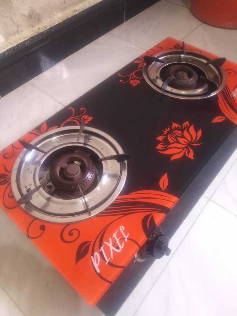 Portable Gas Cooker 2-Burner Stove with Red Floral Design
