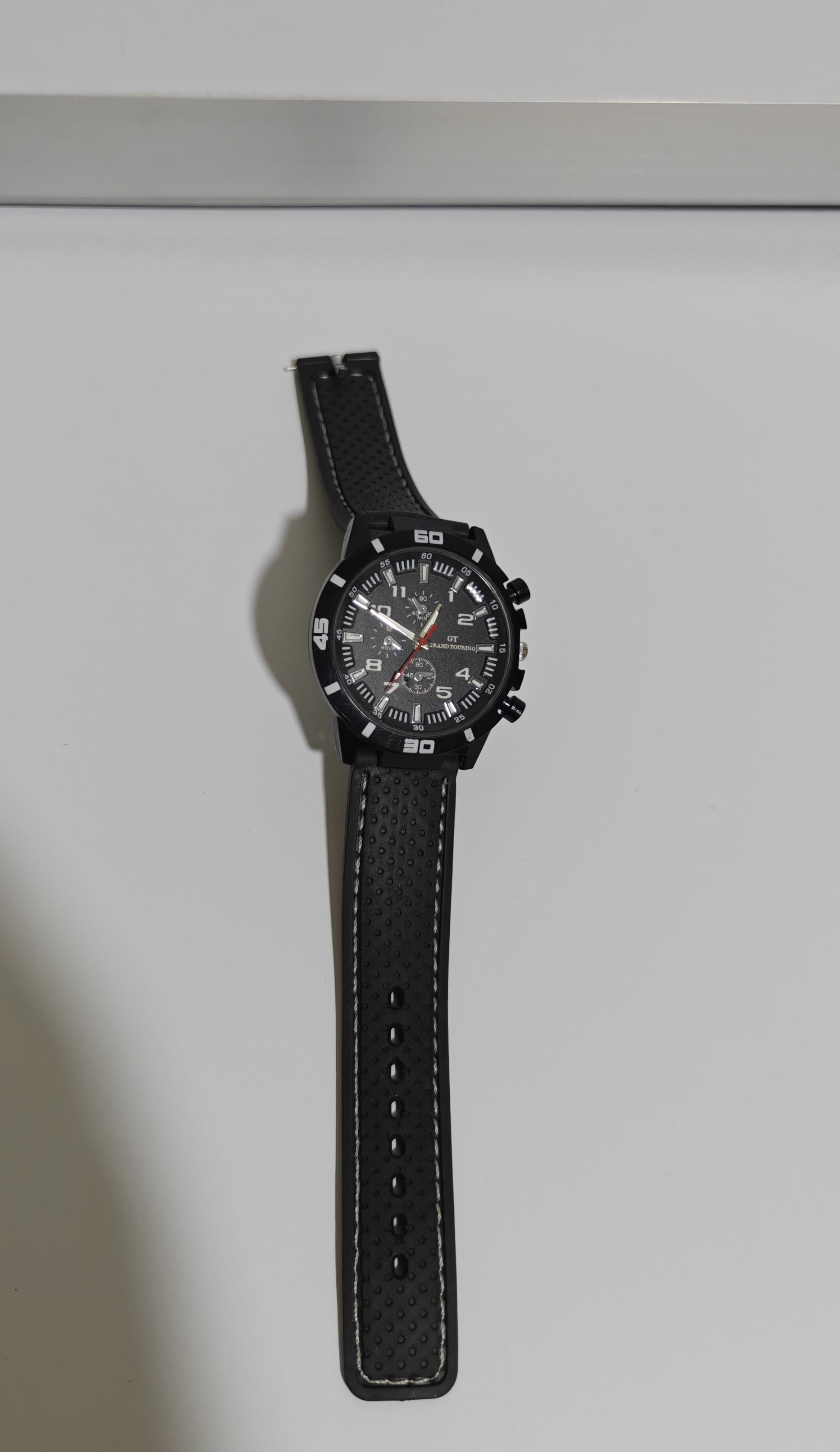 Black Chronograph Watch with Leather Strap