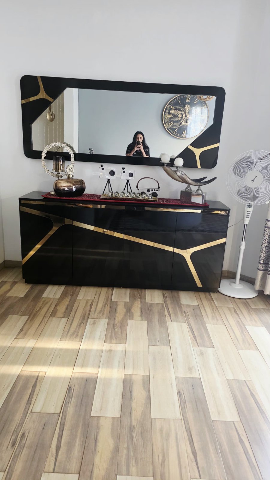 Modern Black & Gold Dresser with Large Mirror