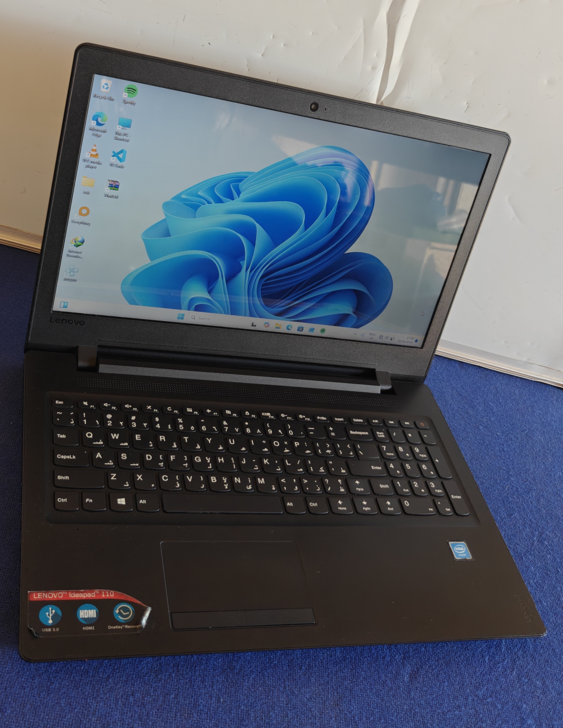 Lenovo Ideapad 110 laptop — Intel Celeron N3060 @ 1.60GHz, 4GB RAM, 465GB HDD, Windows 11, 15.6" display. UGX 300,000.