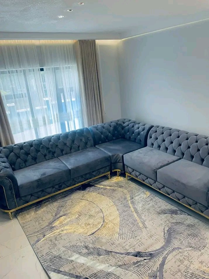 Modern Grey Chesterfield Corner Sofa with Gold Trim