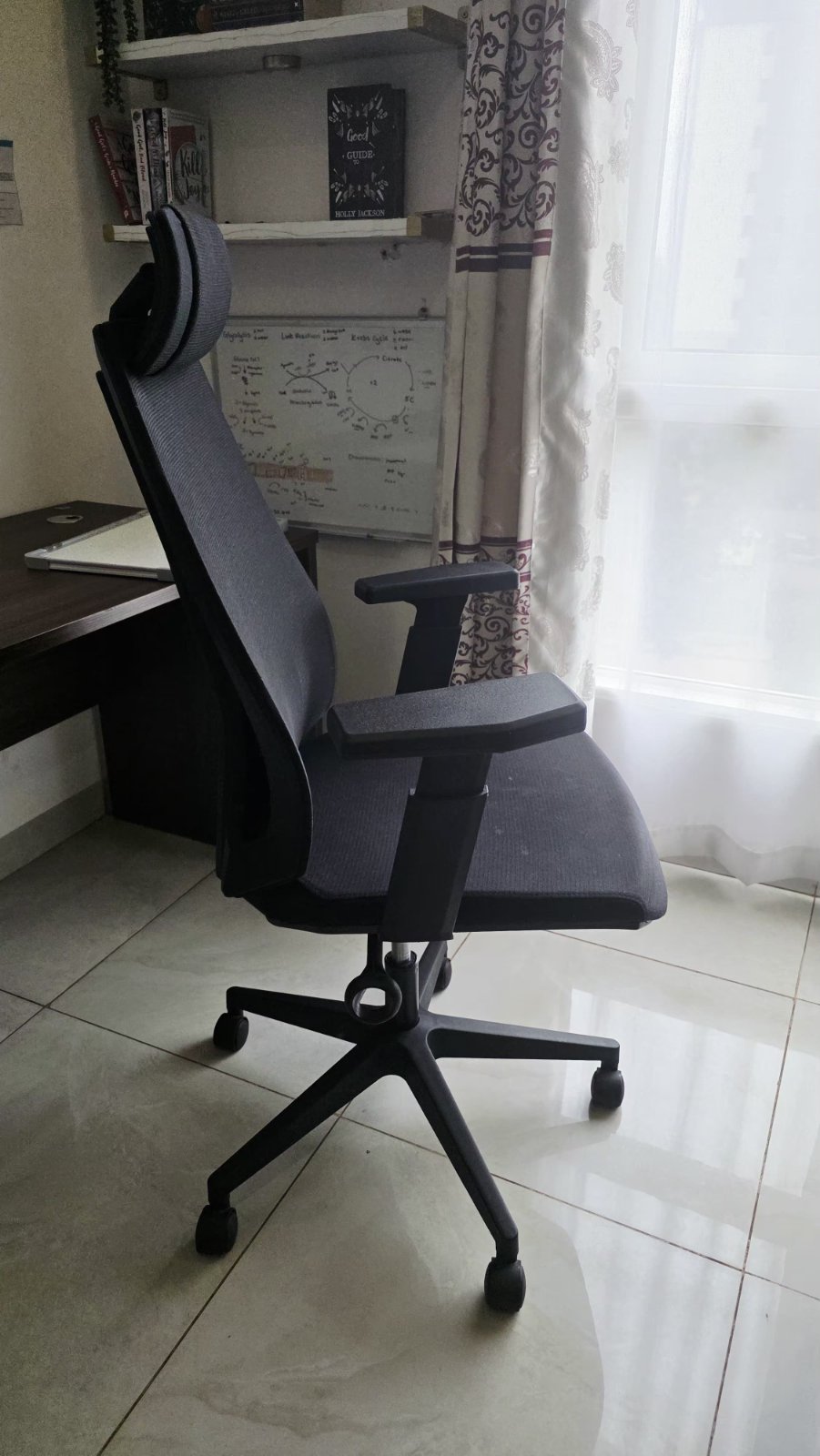 High-Back Office Chair with Headrest - Grey & Black Mesh