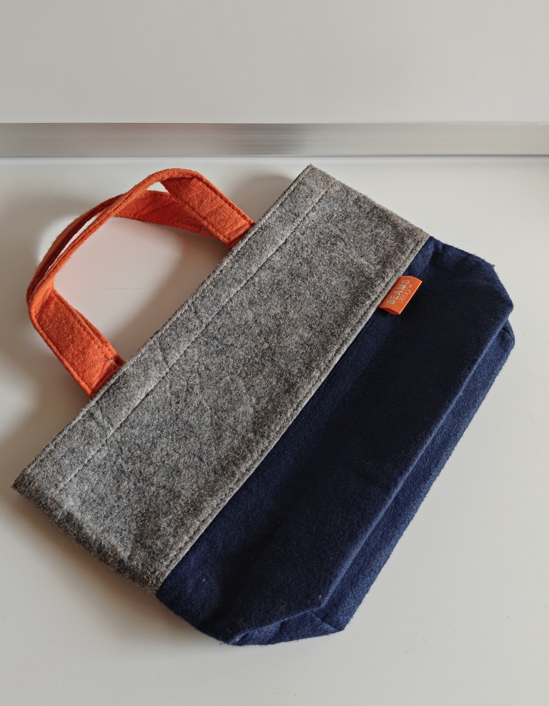 Handmade Wool Felt Tote Bag - Gray and Navy with Orange Handle